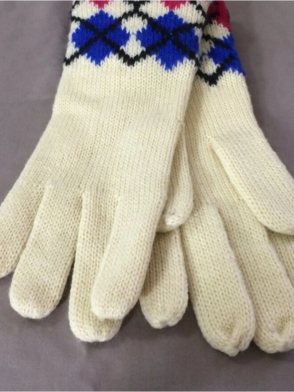 Cream Knit Gloves with Pink & Blue Fair Isle Pattern